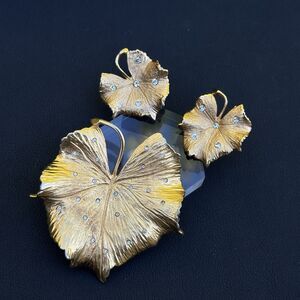 Vintage Pennino Leaf Brooch Gold Tone Rhinestone w Coro Matching Earrings READ